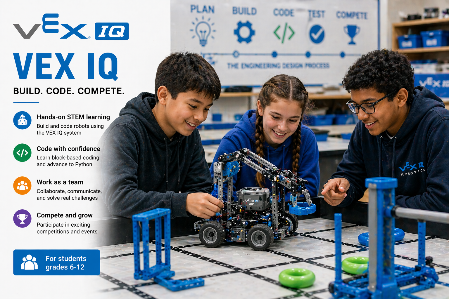 VEX IQ team building, driving, and programming a competition robot